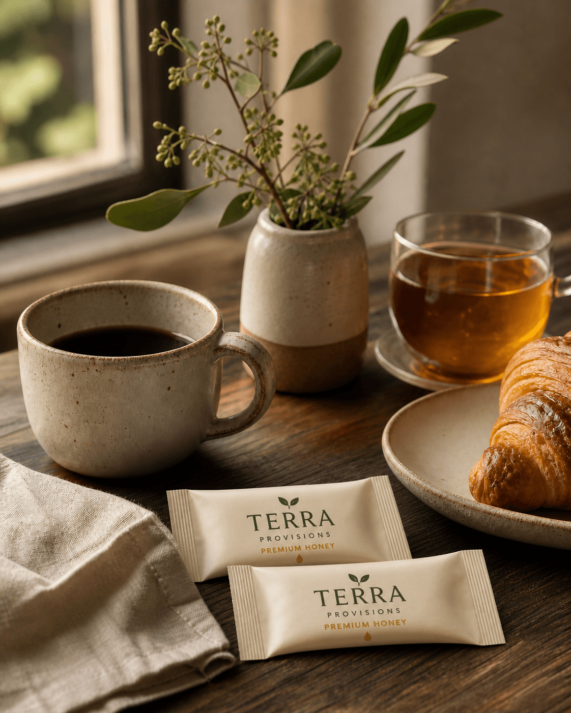Terra Provisions honey packets arranged with coffee, tea, a croissant, linen, and greenery in warm morning light.