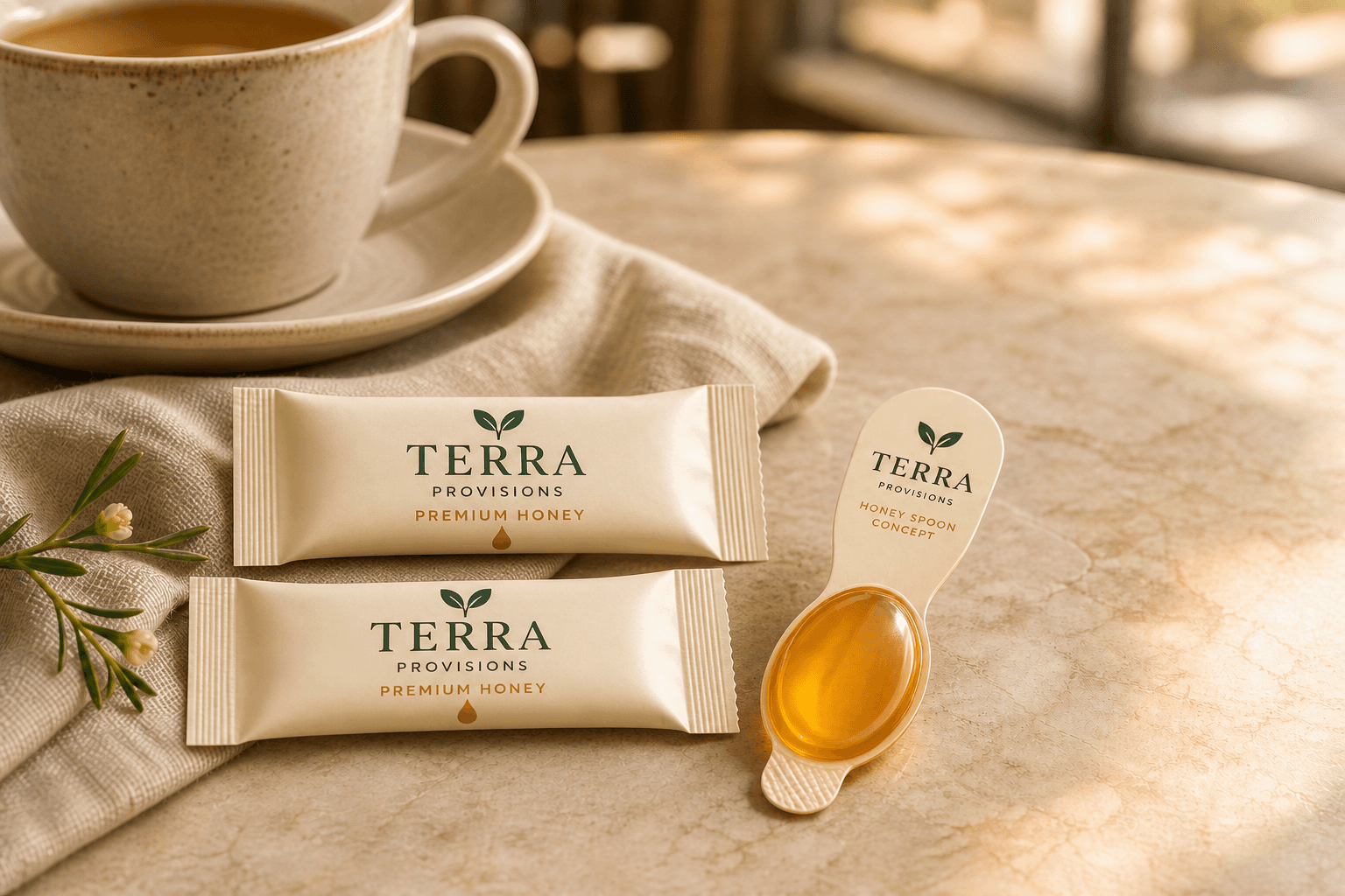 Wide Terra Provisions Premium Honey packets and a Honey Spoon concept arranged beside coffee in warm morning light.