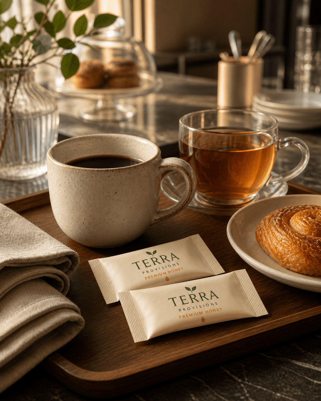 Wide Terra Provisions Premium Honey packets presented with coffee, tea, and a pastry on an unbranded hospitality service tray.