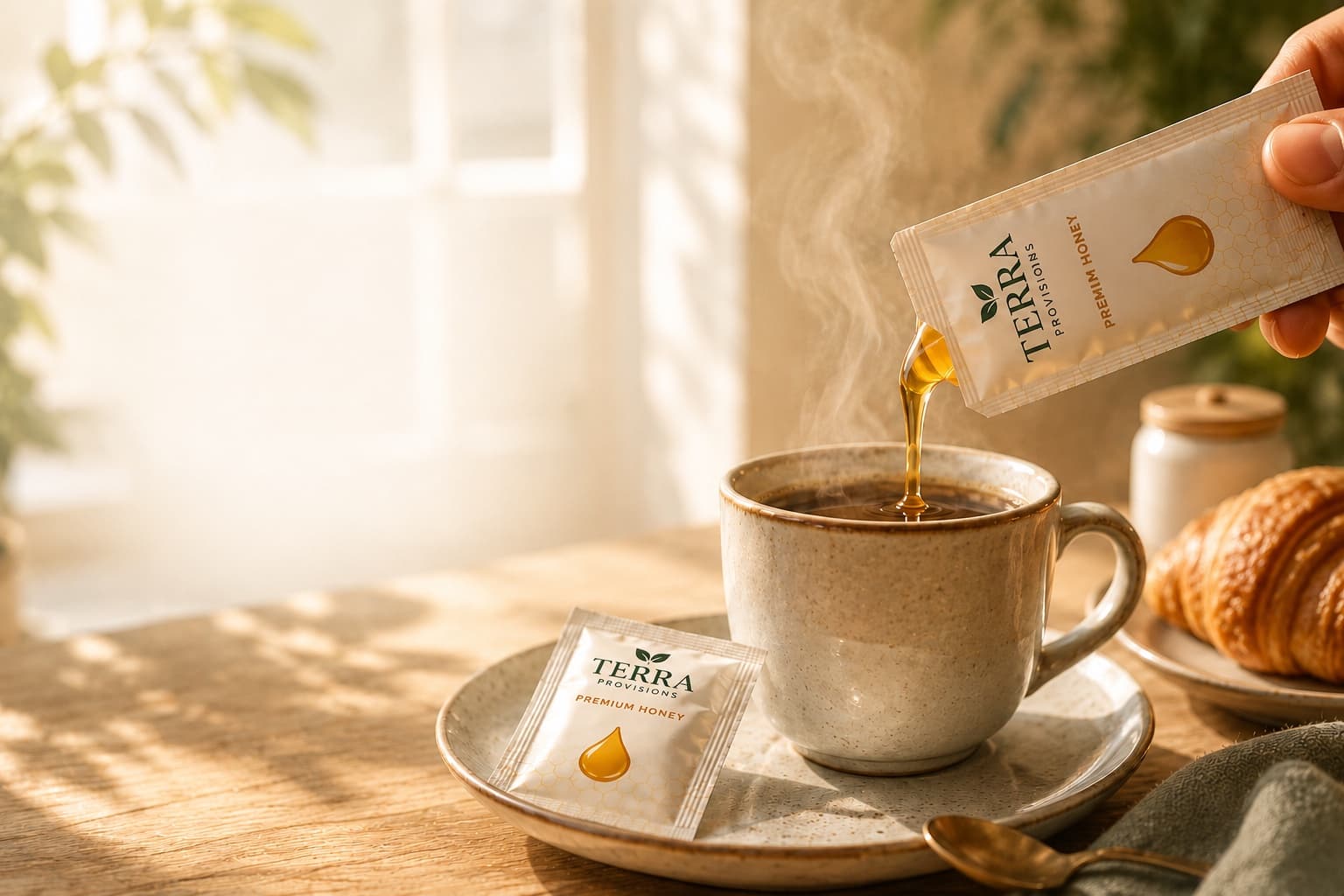 Terra Provisions honey packet beside a ceramic cup in a warm café setting.