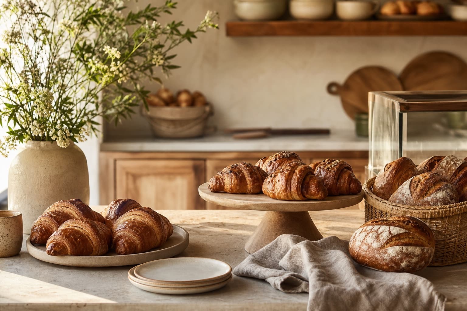 An artisan bakery counter displaying croissants and bread in warm morning light.