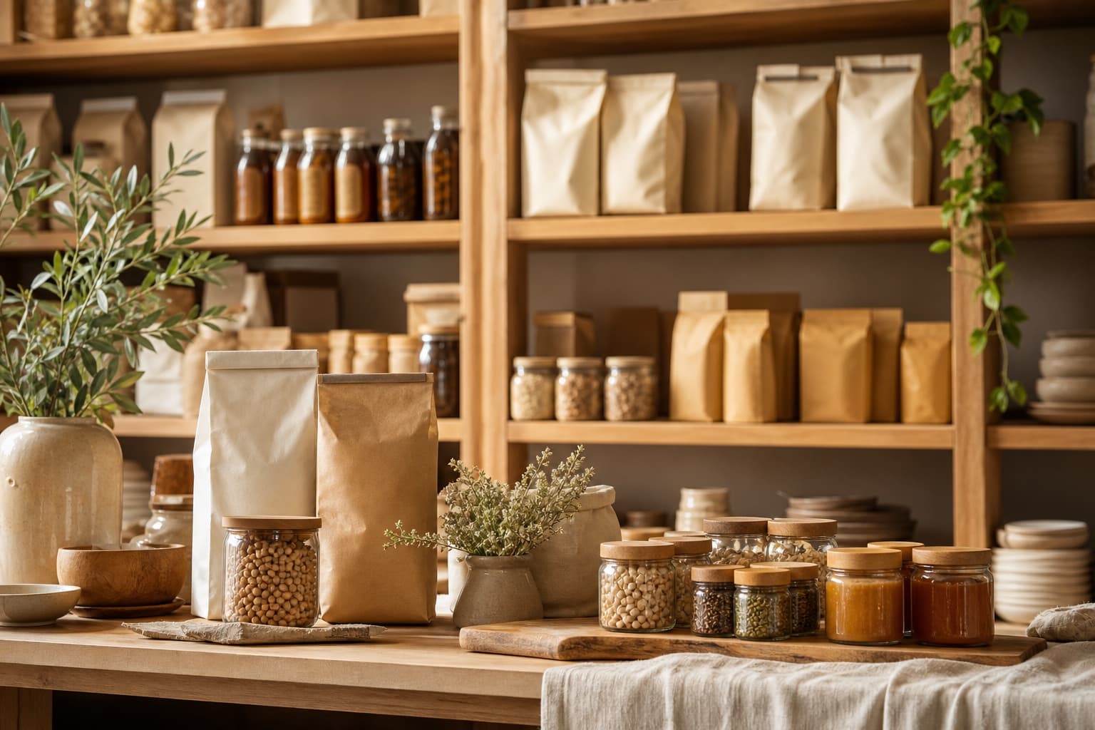 A curated specialty food shop with unbranded pantry goods arranged on warm wood shelving.