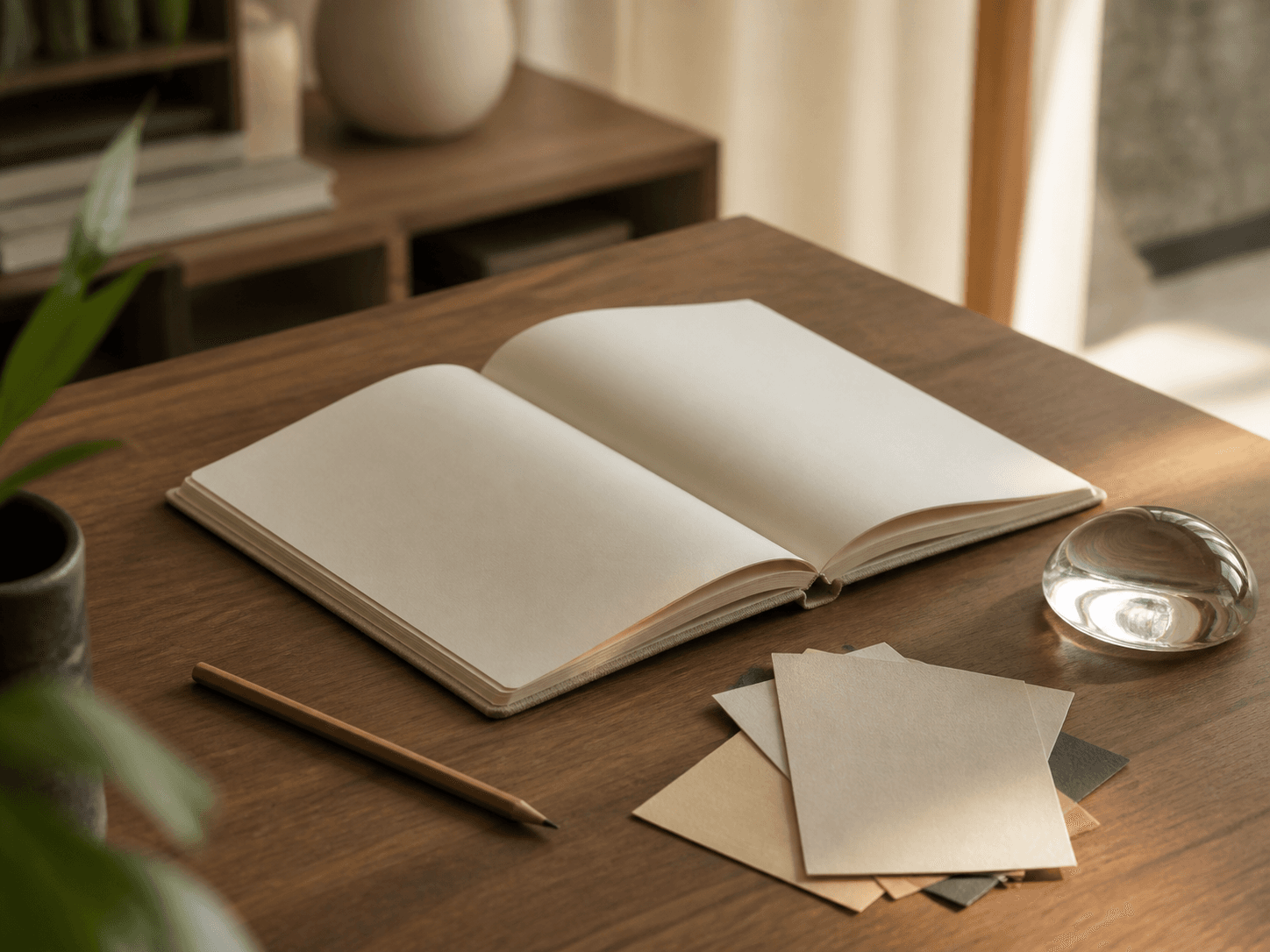 An open blank notebook, pencil, neutral paper samples, and a glass paperweight arranged for a careful information review.