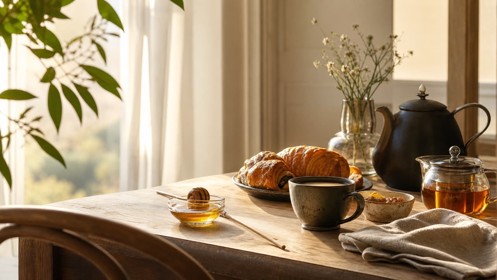A warmly lit hospitality table arranged with coffee, tea, pastries, honey, ceramic tableware, linen, and greenery.