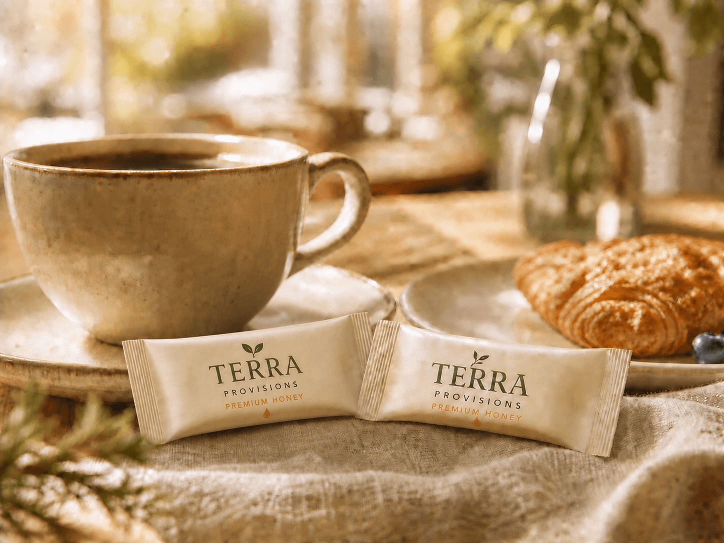 Two Terra Provisions Premium Honey packets arranged beside coffee and a pastry in a warmly lit café setting.