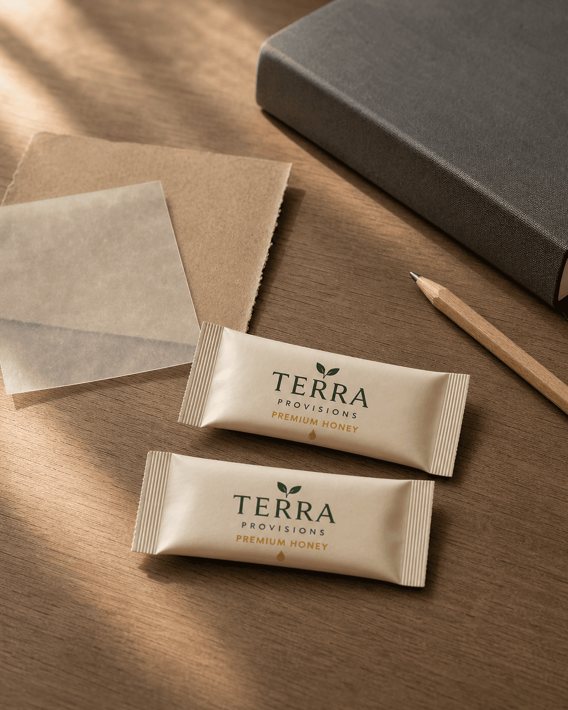 Wide Terra Provisions honey packets beside neutral packaging samples, a notebook, and a pencil during a packaging review.